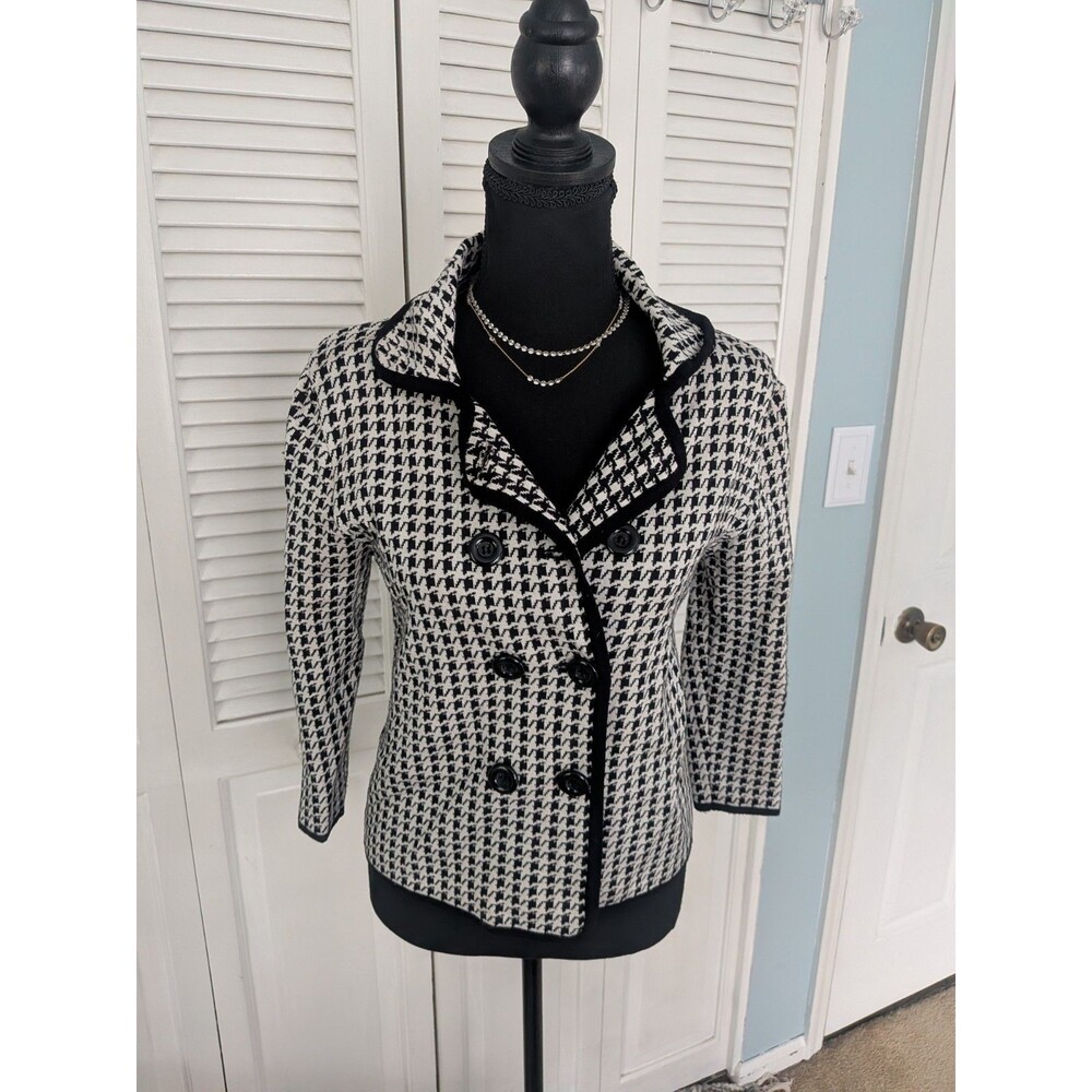 Willi Smith Cardigan Sweater Womens S Houndstooth Check Black White Preppy Top